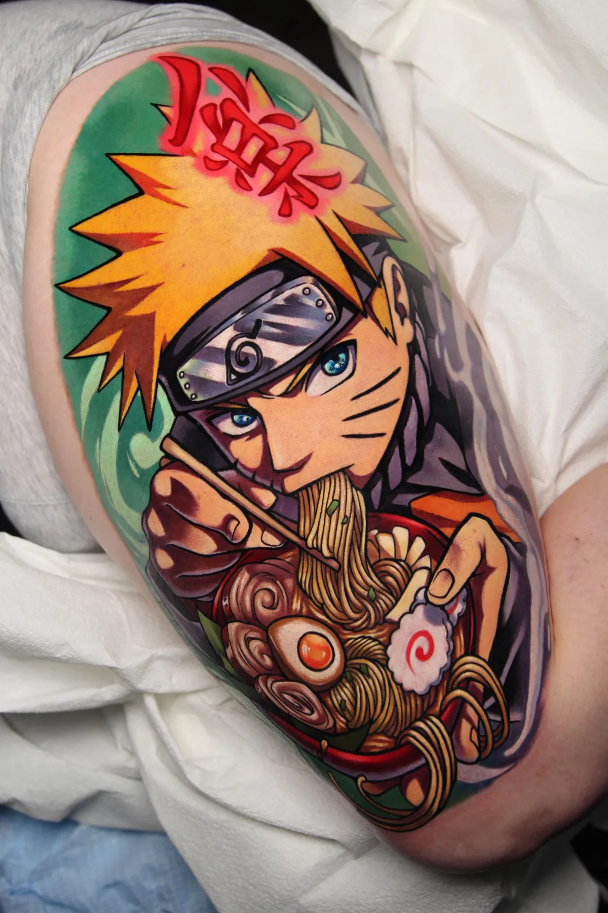 Naruto tattoo of Naruto eating ramen by Orlando Anime Tattoo Artist Ren Behan at xsadfamx.