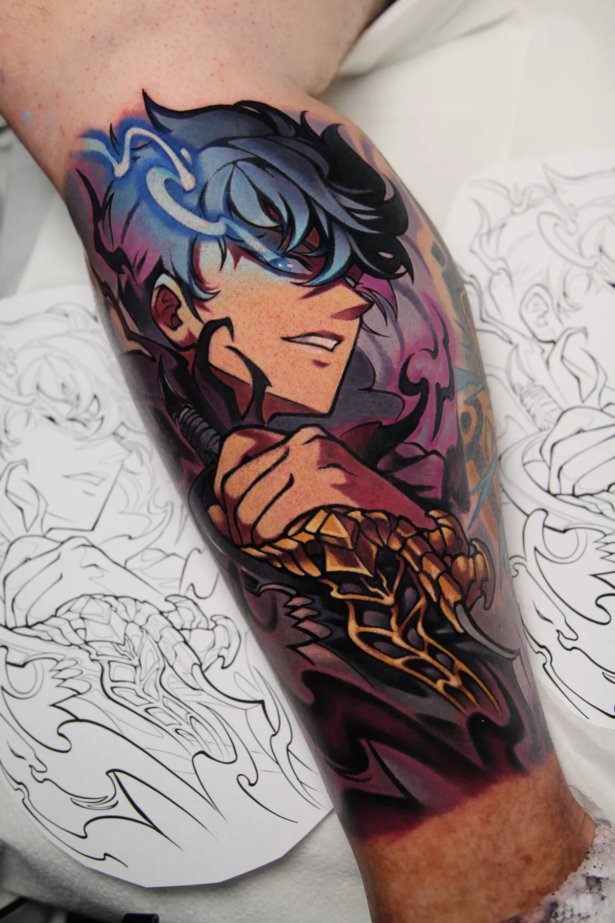 Sung Jinwoo and his dagger tattoo from Solo Leveling by Orlando Anime Tattoo Artist Ren Behan at xsadfamx.
