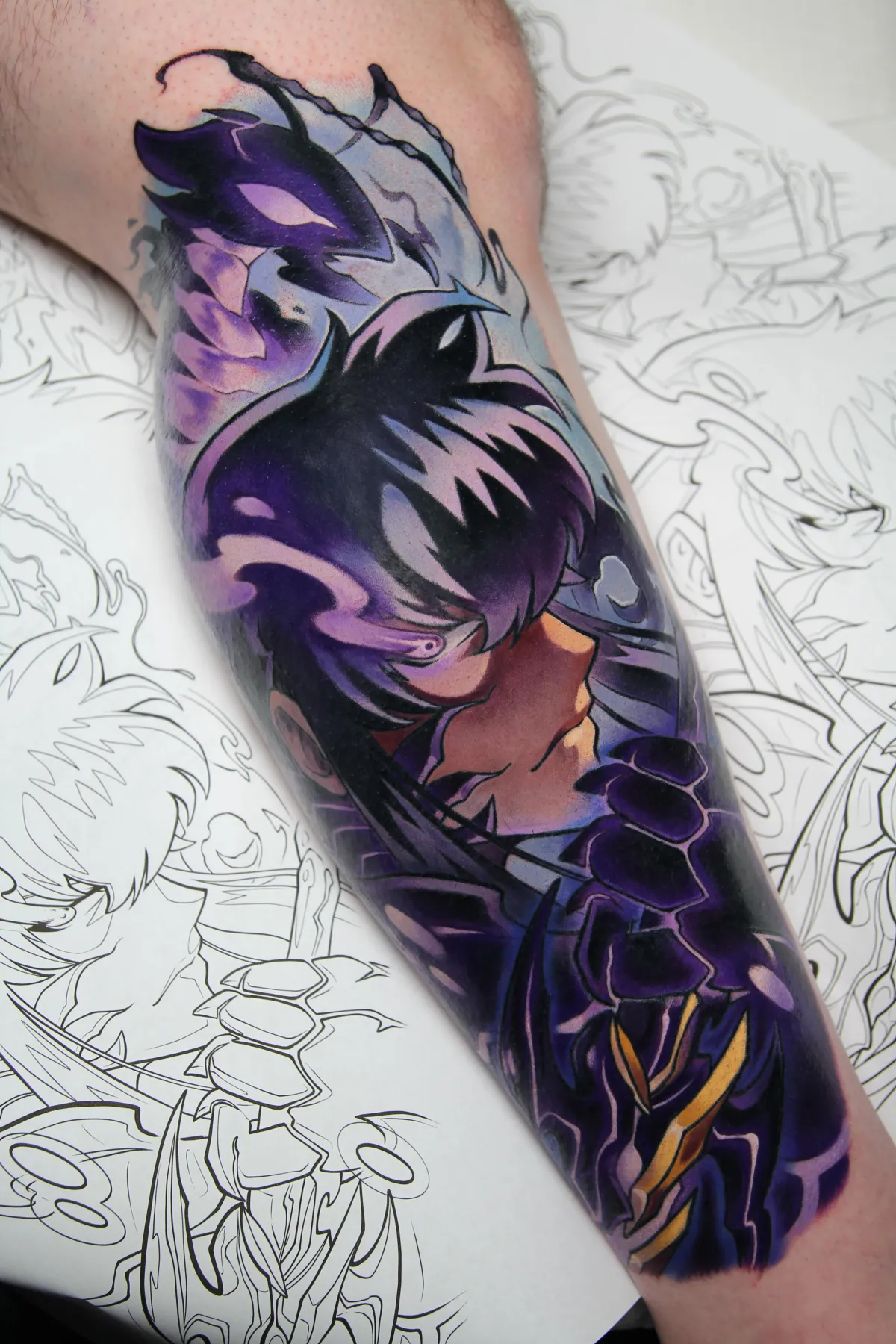 Sung Jinwoo shadow monarch tattoo from Solo Leveling by Orlando Anime Tattoo Artist Ren Behan at xsadfamx.