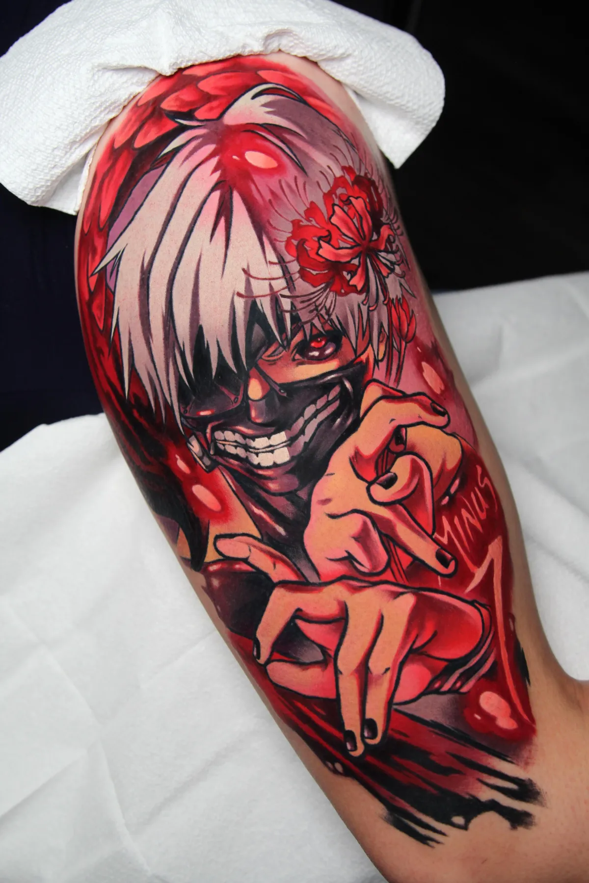 TokyoGhoul tattoo of Ken Kaneki by Orlando Anime Tattoo Artist Ren Behan at sadfam