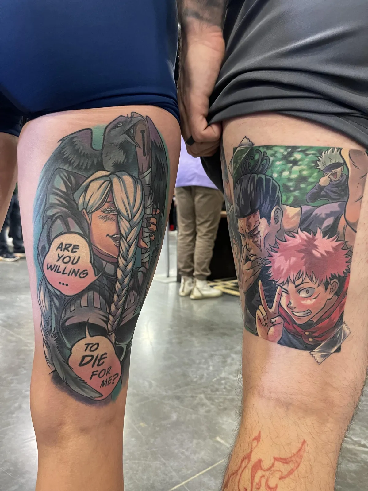Full healed anime tattoos of characters from JJK. Photo features two separate tattoos; a tattoo of mei mei from jjk, and a tattoo of todo with yuji from jjk.