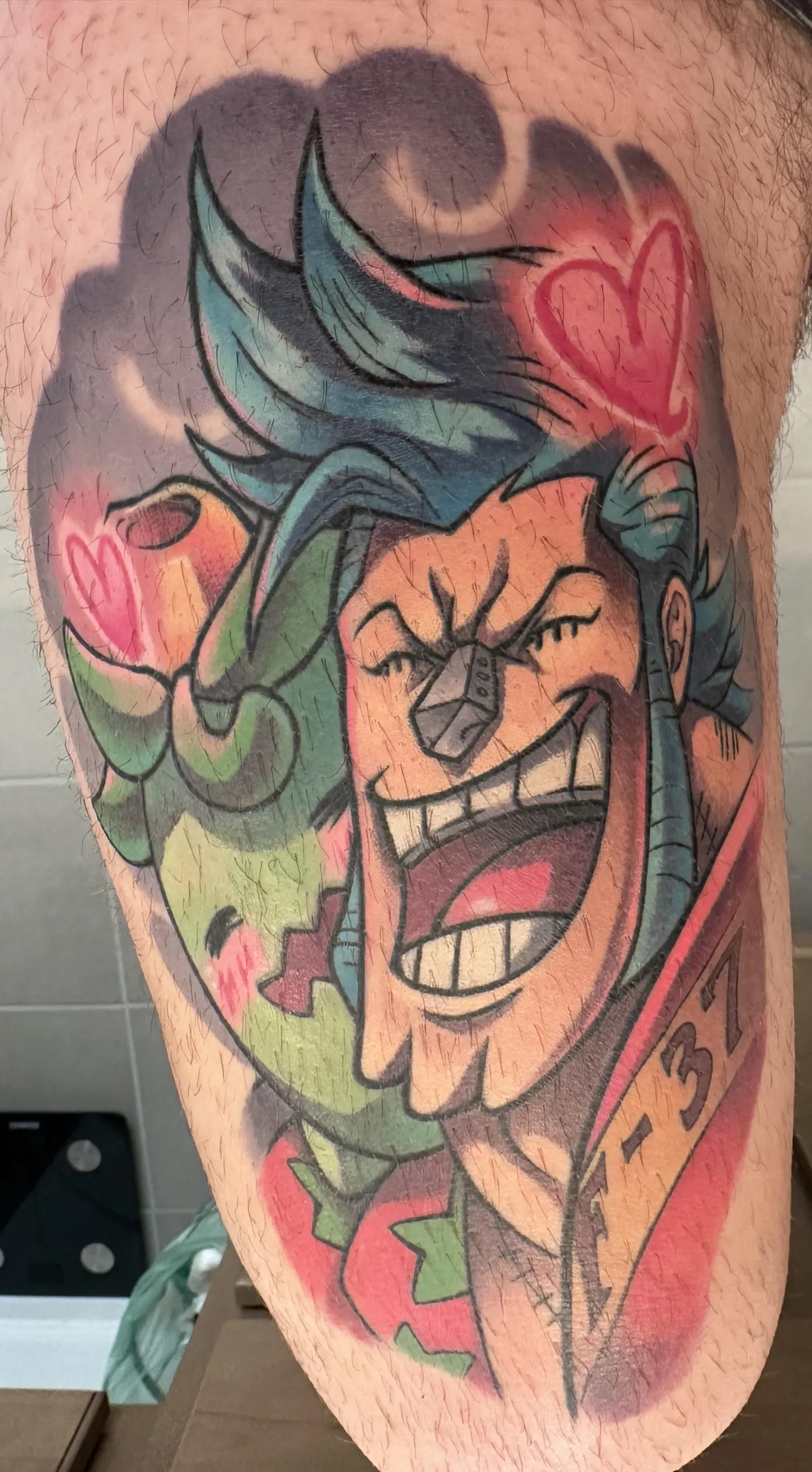 Fully healed anime tattoo of Franky from One Piece and Smolive from Pokémon by Orlando Anime Tattoo Artist Ren Behan. This vibrant One Piece tattoo features hot pinks an rich greens.