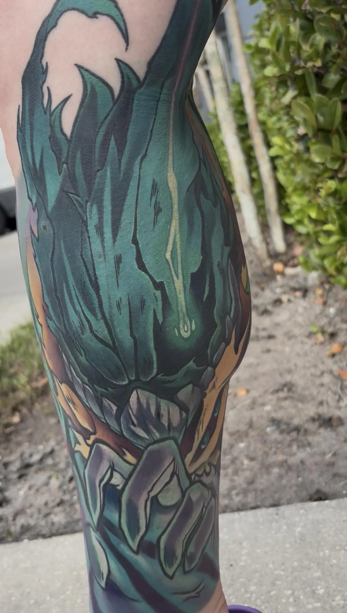 Fully healed anime tattoo of Dark Deku from My Hero Academia by Orlando Anime Tattoo Artist Ren Behan. This My Hero Academia tattoo is striking vivid with rich teals and greens.