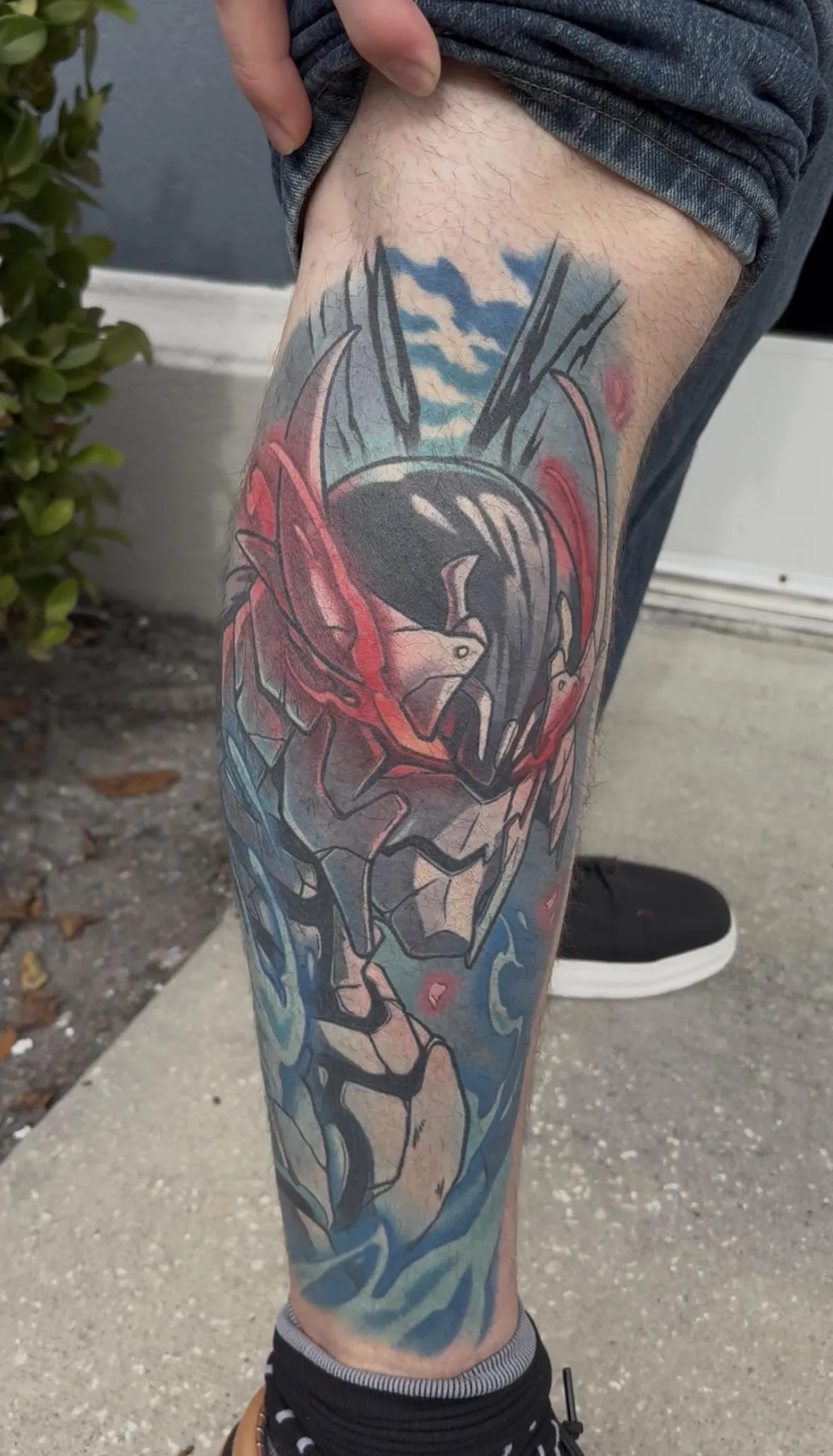 Fully healed anime tattoo of Wethermon from Shangri-la Frontier. This mecha tattoo is sharp in detail and remains remarkably vibrant after the heal.
