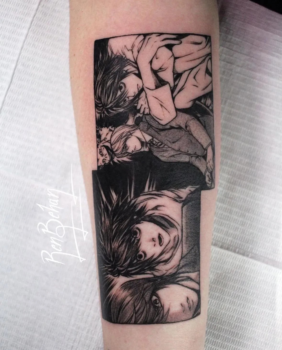 Manga panel tattoo of L and Light from Death Note by Orlando Anime Tattoo Artist Ren Behan. This death note tattoo features small intricate details and fine linework.