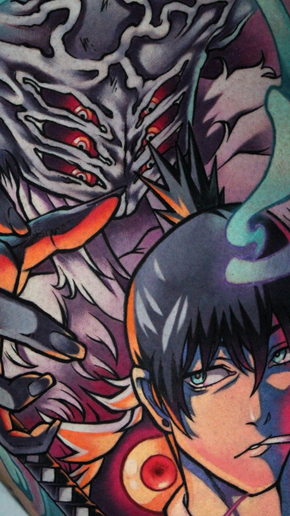 A color anime tattoo of Aki Hayakawa and the Future Devil from Chainsaw Man, featuring bold shading, eerie contrast, and intricate linework that captures their ominous presence. Designed by Ren Behan, a top anime tattoo artist in Orlando, Florida. This chainsaw man tattoo features vibrant colors in a unique composition - perfect for fans of anime and manga.