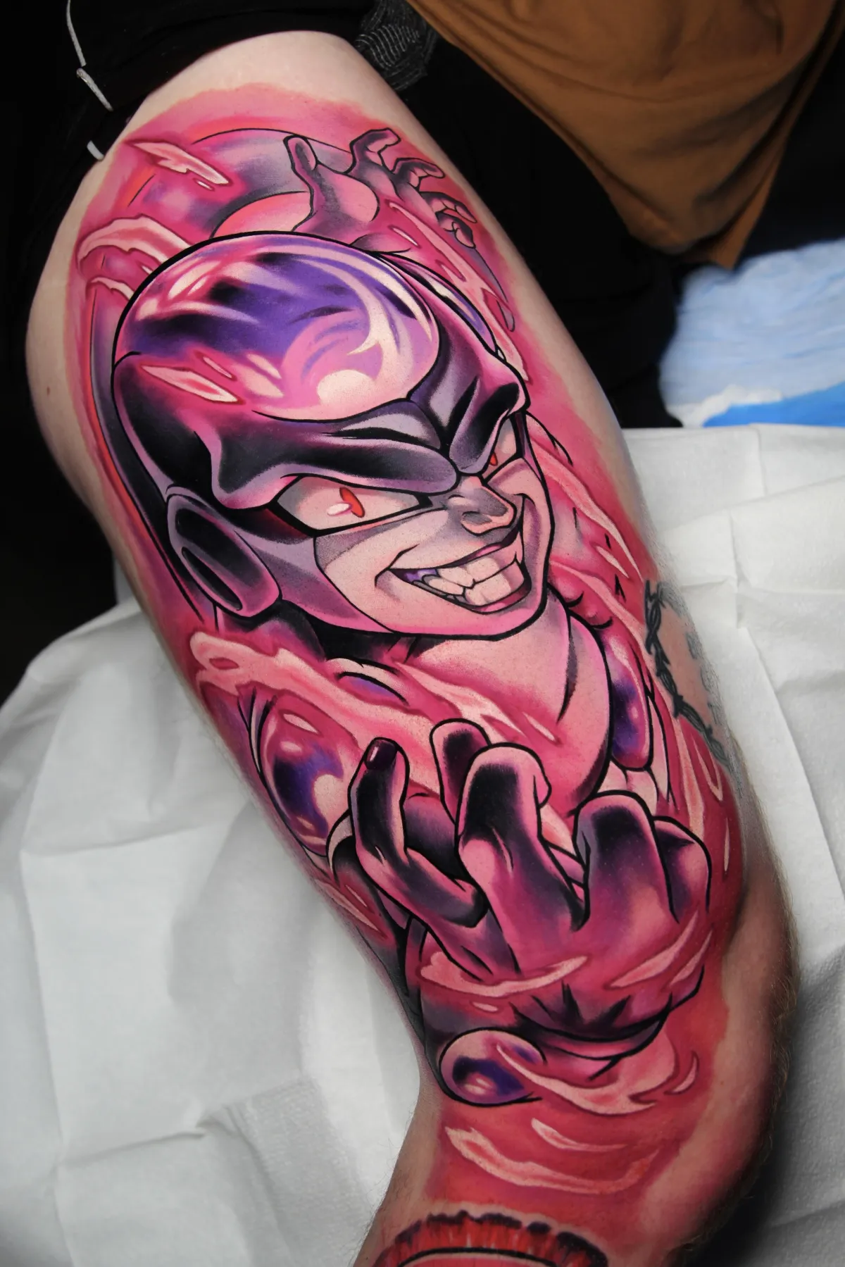Dragon Ball Tattoo of Black Frieza by Orlando Anime Tattoo Artist Ren Behan at sadfam tattoos. This large anime tattoo features the popular villain Frieza in his Black Form from Dragon Ball Super.