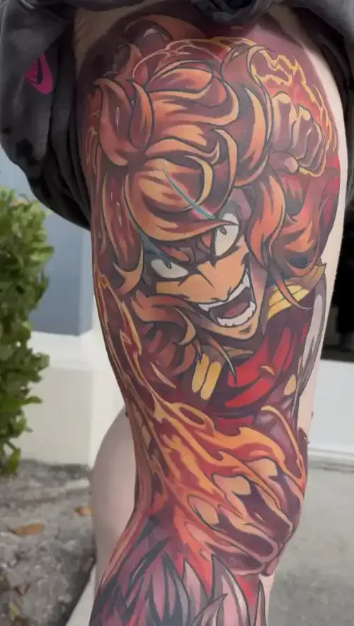 Healed anime tattoo of a large colorwork black clover tattoo of Mereoleona and Asta by Orlando Anime Tattoo Artist Ren Behan. 