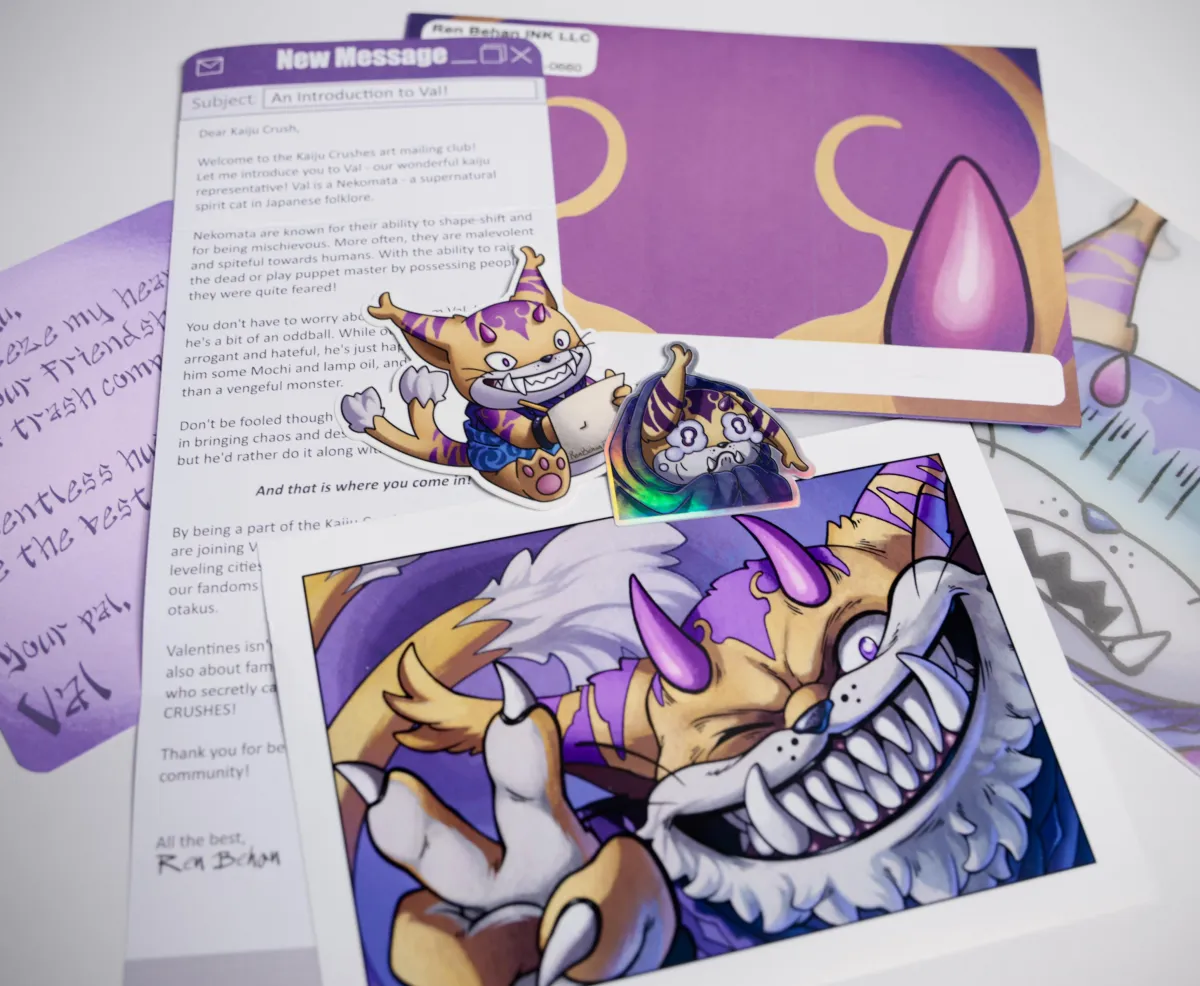 A sampling of what kaiju crushes members can expect each month. Every letter features a new character following a different theme.
