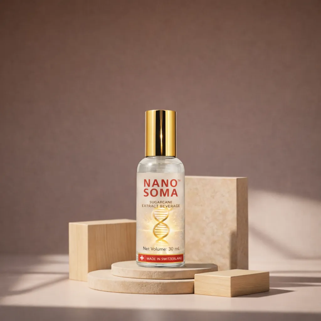 NanoSoma 产品瓶与温暖中性背景的场景图