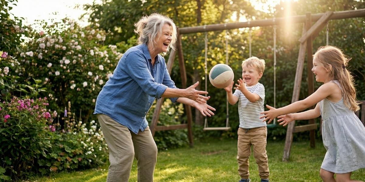 Oma spielt mit den Enkelkindern im Garten