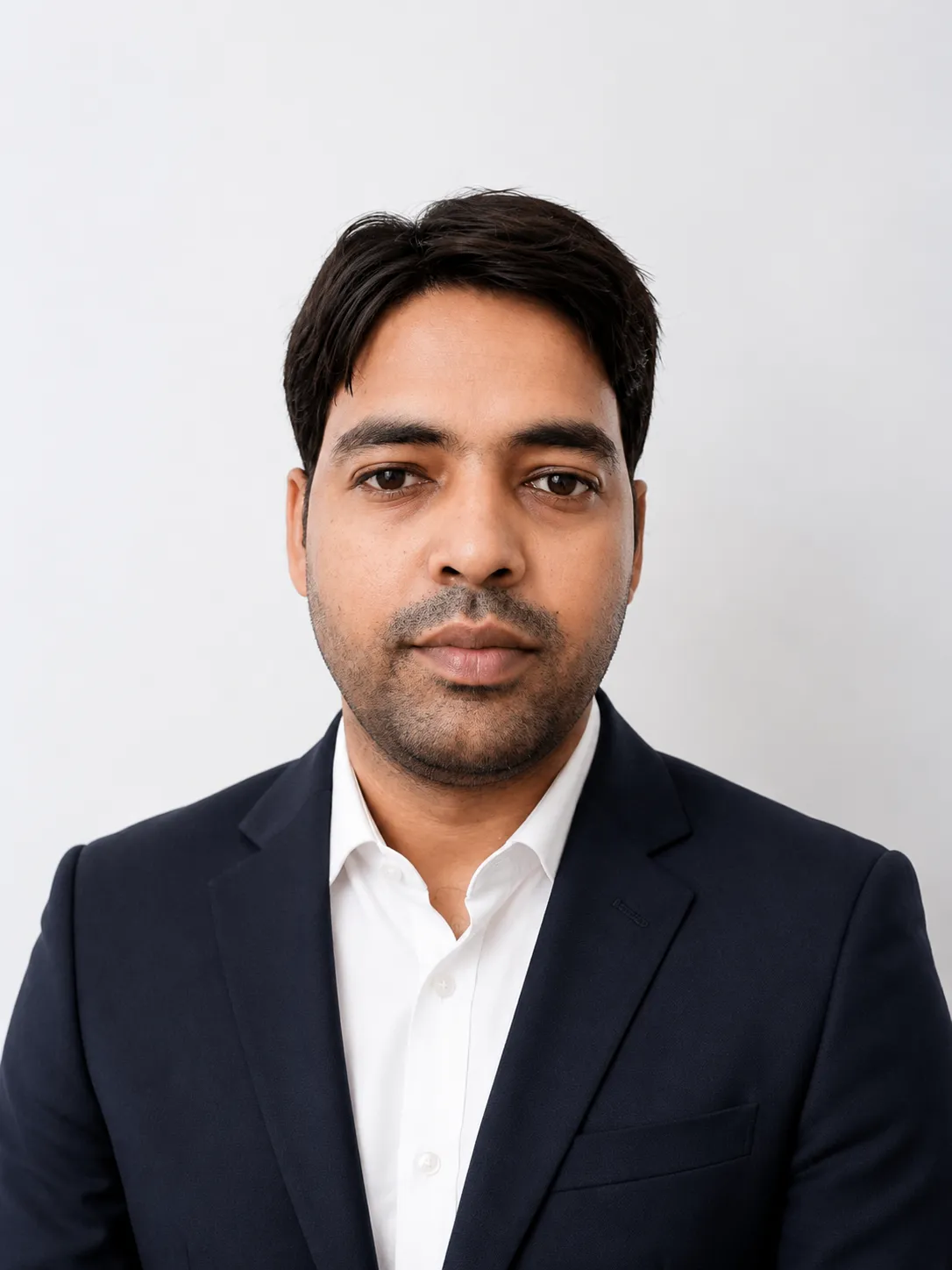 Professional Indian businessman in a sharp navy blue suit standing confidently
