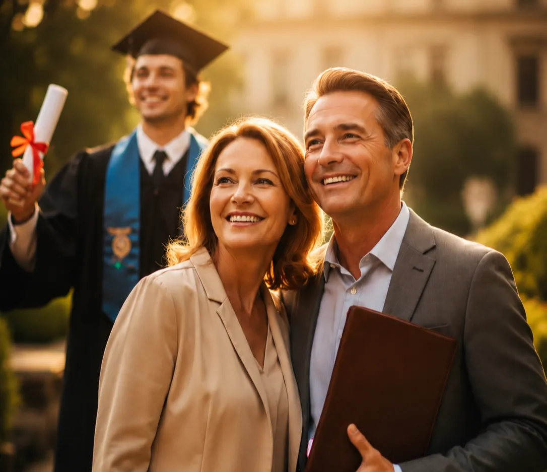 Happy family celebrating graduation debt-free