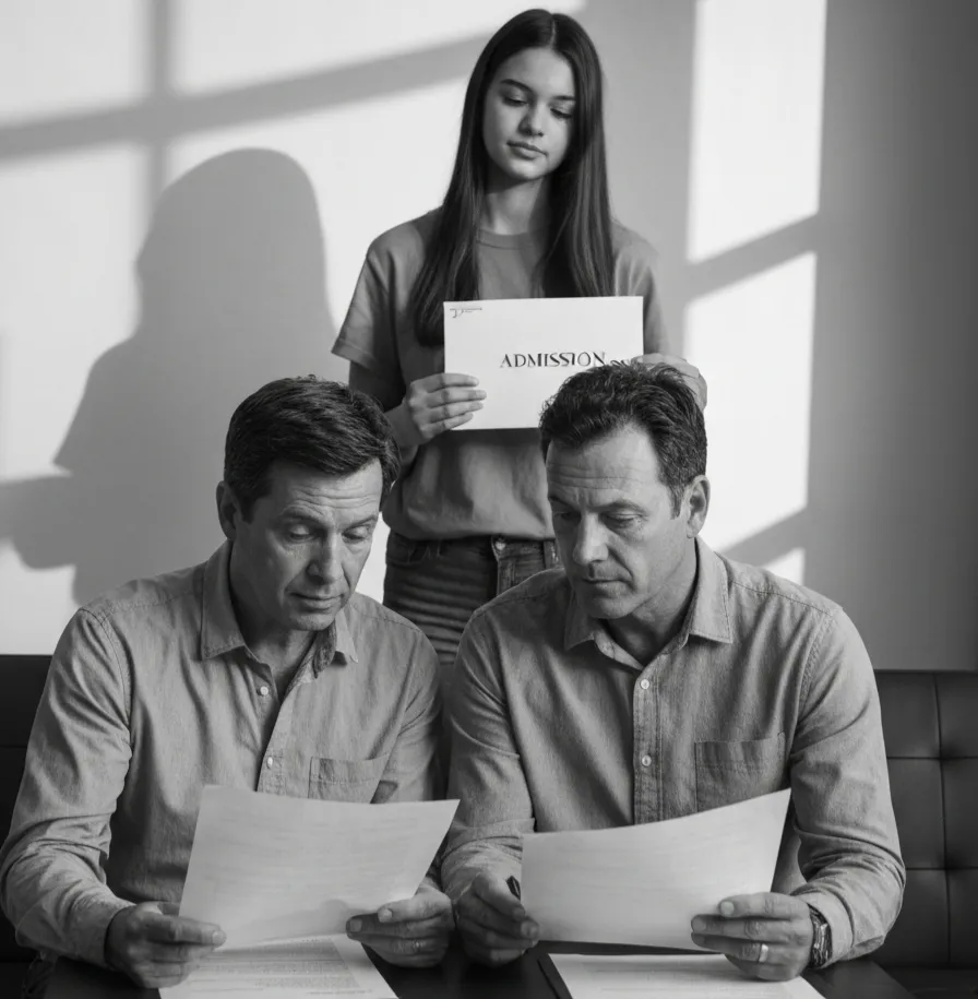 A cinematic high-contrast black and white photo of parents looking worried over loan papers while a girl holds an admission letter