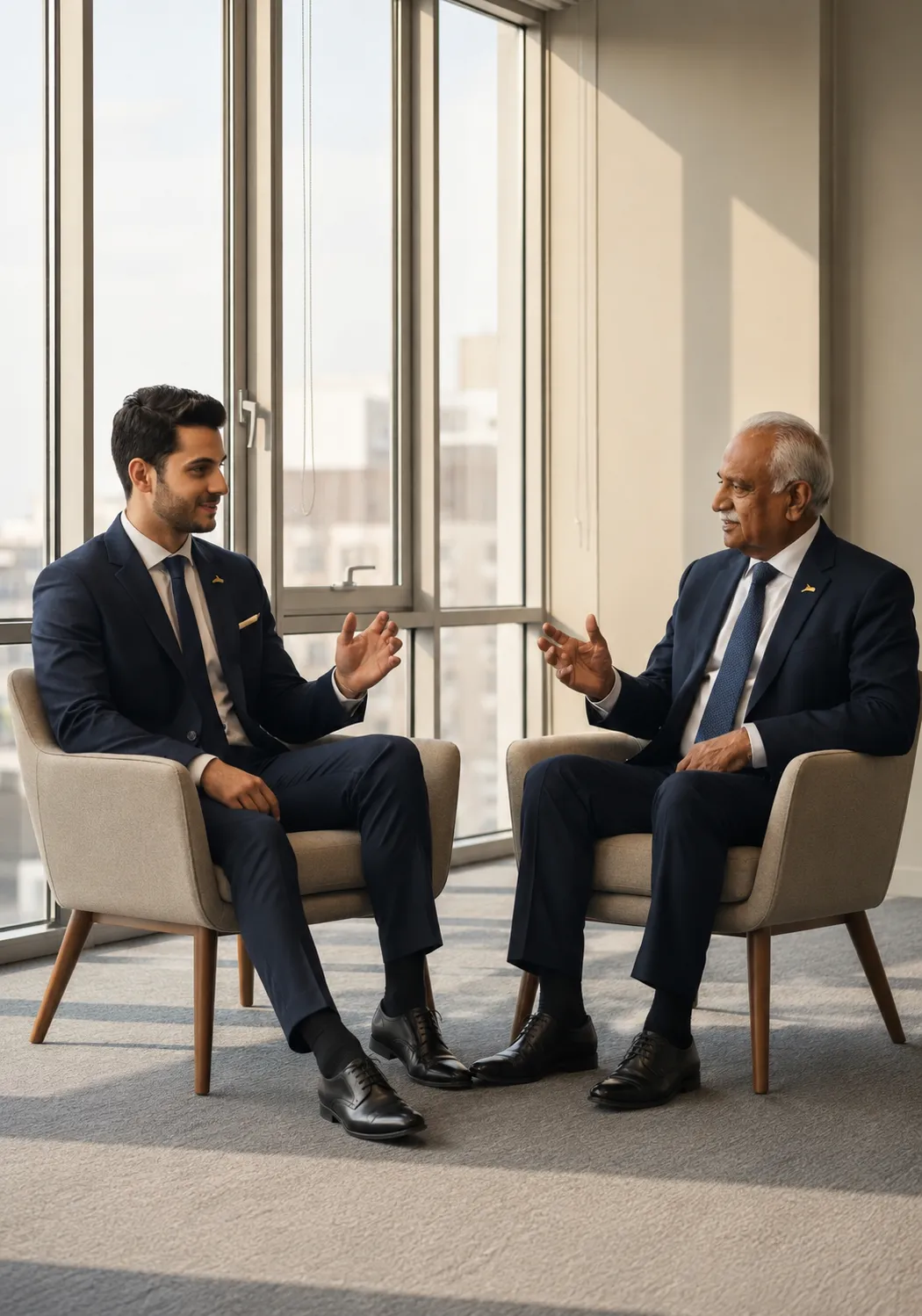 Young professional engaged in a high-status mentoring discussion