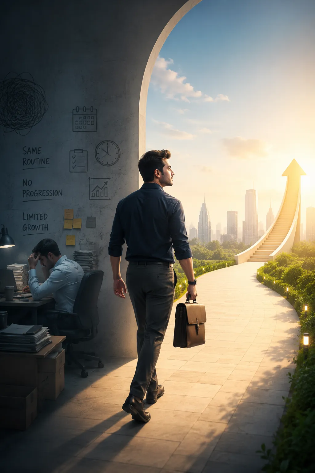 Frustrated professional in a routine setting reflecting on career growth