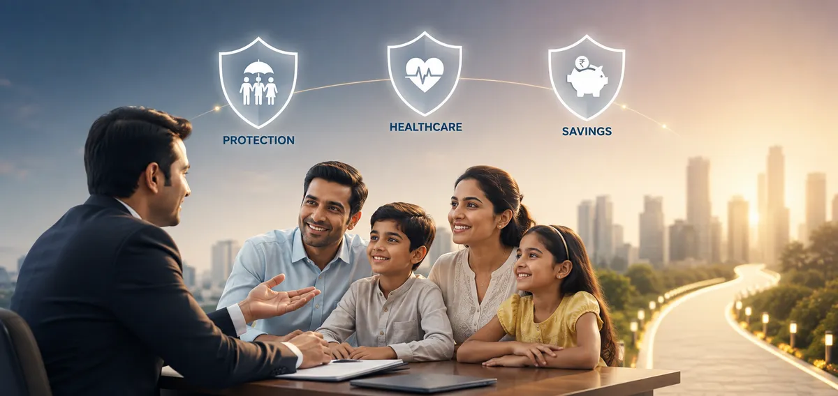 Indian financial advisor consulting a family with a tablet