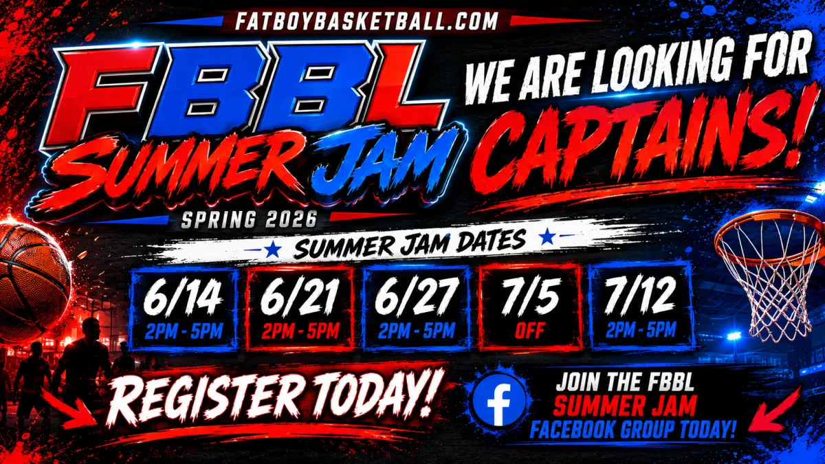 Fatboy Basketball League 2026 spring season schedule with weekly matchups, draft date March 1st, and championship at Goodlettsville Middle School