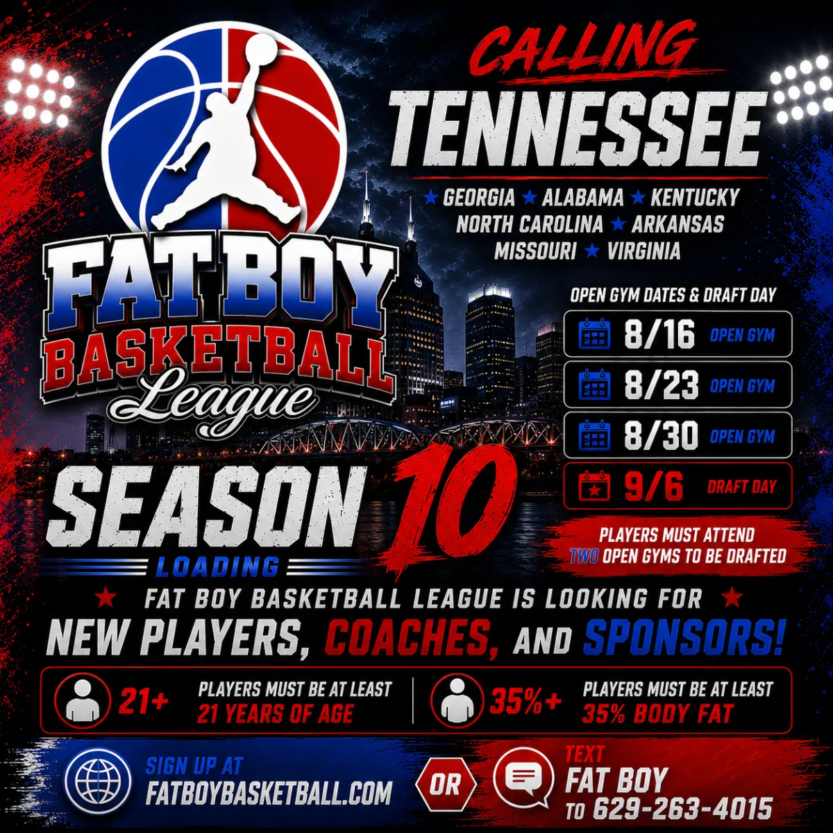 Fatboy Basketball League 2026 spring season schedule with weekly matchups, draft date March 1st, and championship at Goodlettsville Middle School