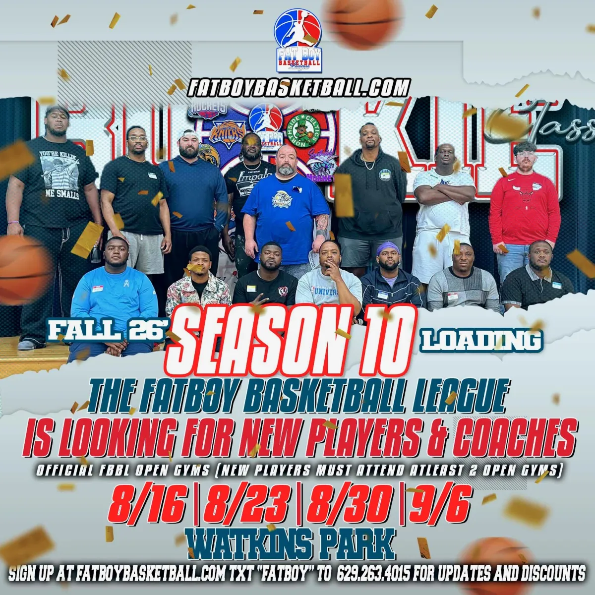 Fatboy Basketball League 2026 spring season schedule with weekly matchups, draft date March 1st, and championship at Goodlettsville Middle School