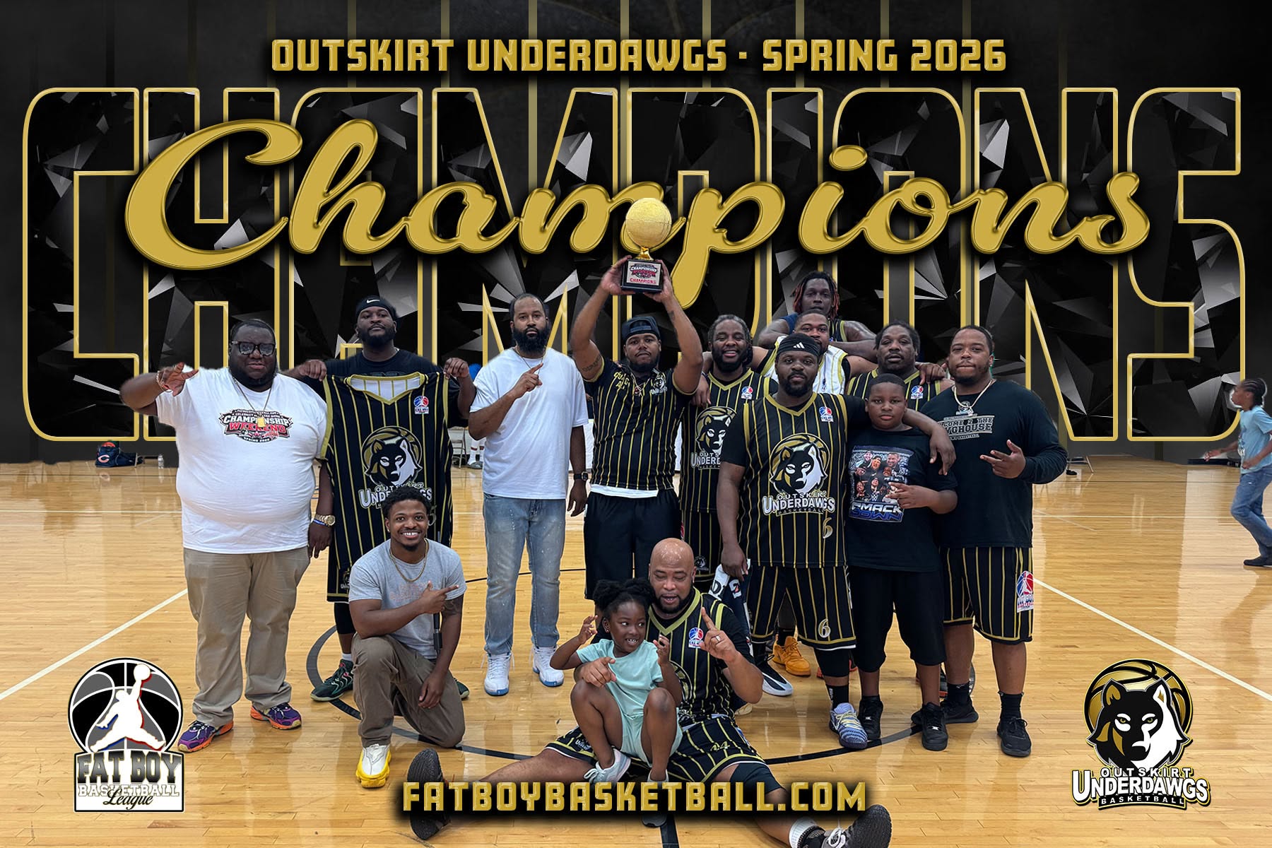Fatboy Basketball League Fall 25 champions team celebrating back-to-back title with trophy on indoor basketball court