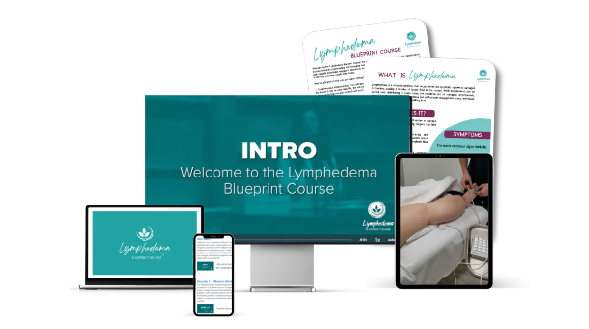 Visual overview of the Lymphedema Blueprint Course displayed across multiple devices, including video lessons, digital workbook pages, and instructor portrait