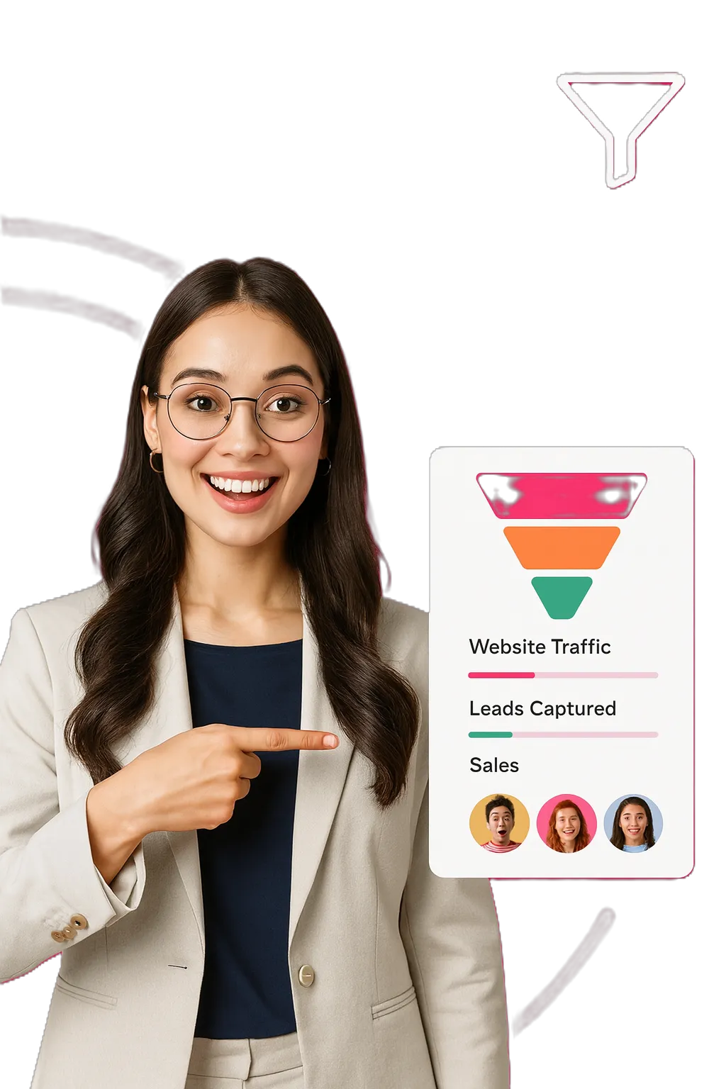 Service provider viewing a digital funnel dashboard with lead stages, conversion metrics, and automated customer flow tracking.