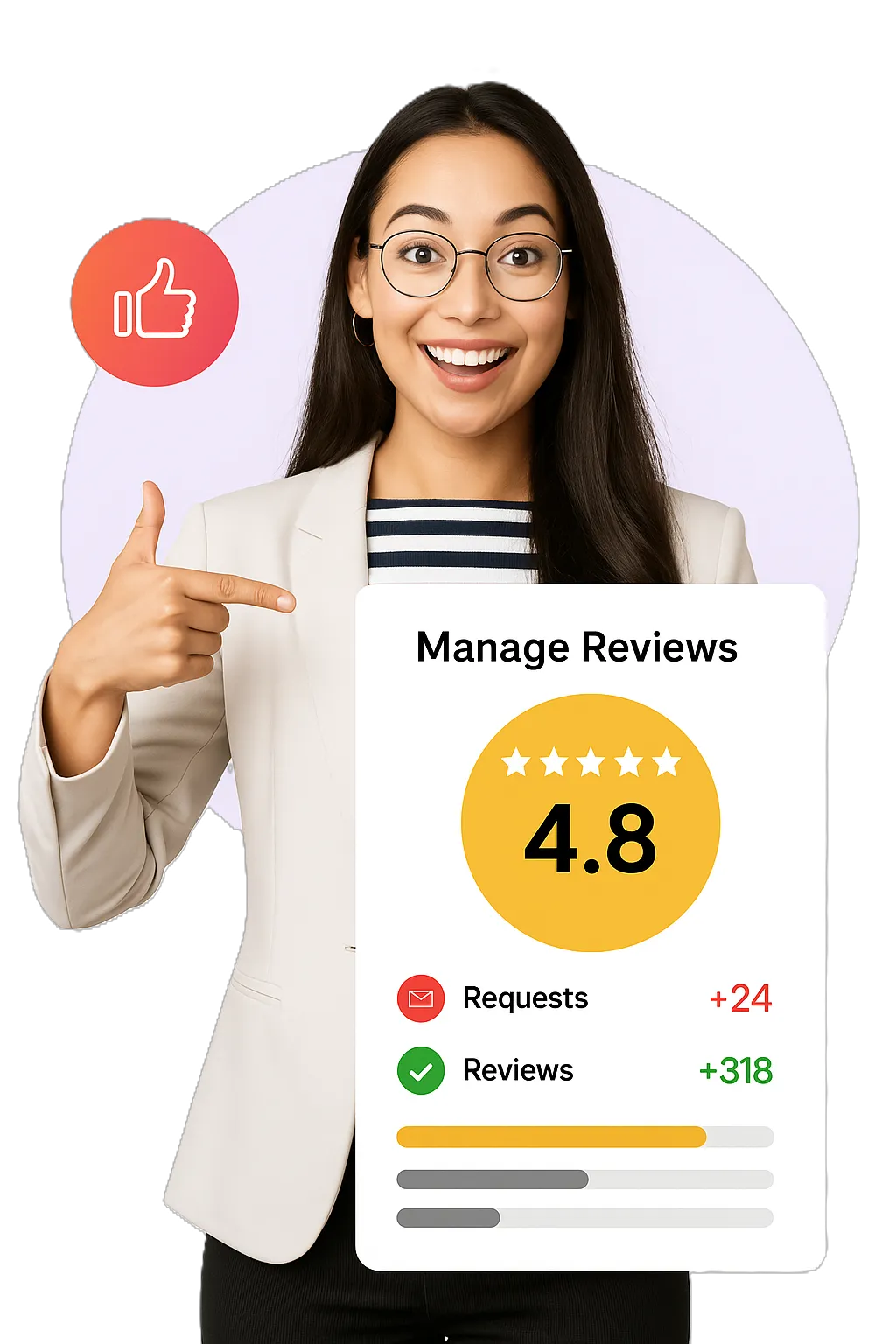 Professional woman managing online reviews through an AI-powered reputation dashboard with star ratings and customer feedback.