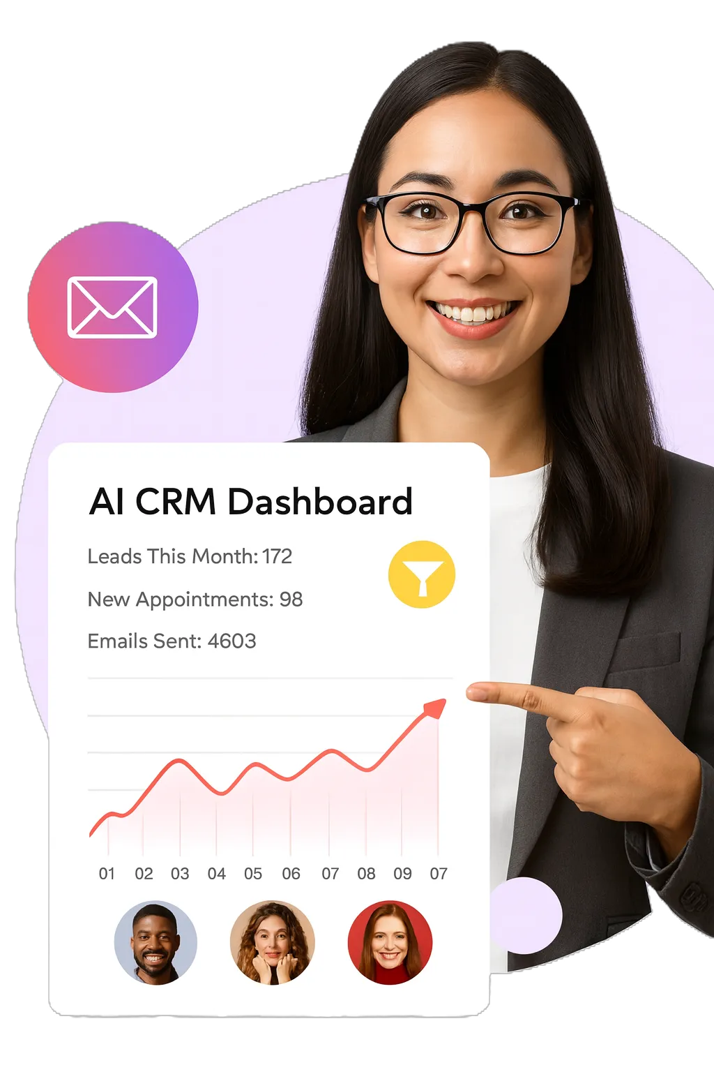 Woman pointing to a digital CRM dashboard showing client tasks, progress, and activity analytics for a service business.