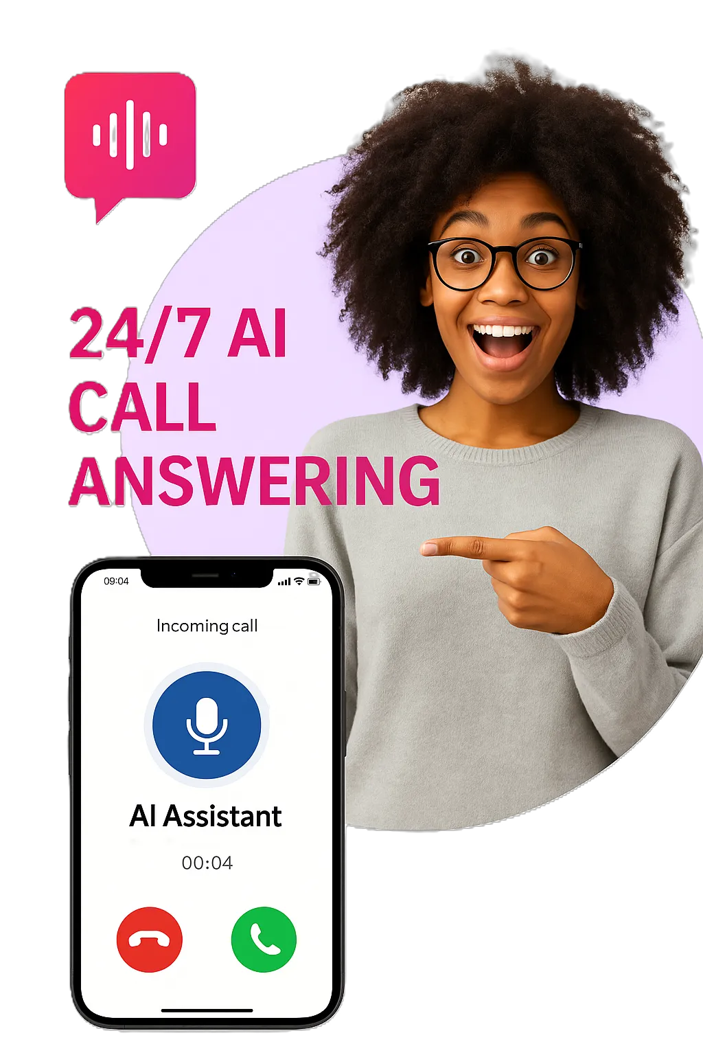 Smiling support agent wearing a headset interacting with an AI-powered phone assistant interface displaying call details and appointment scheduling.