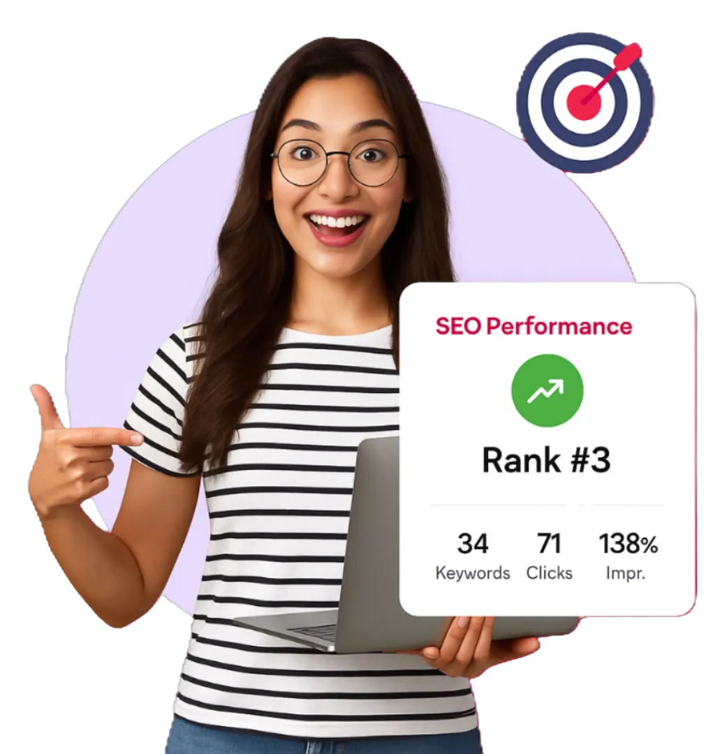 Business professional analyzing an SEO dashboard with keyword rankings, traffic insights, and local visibility metrics.