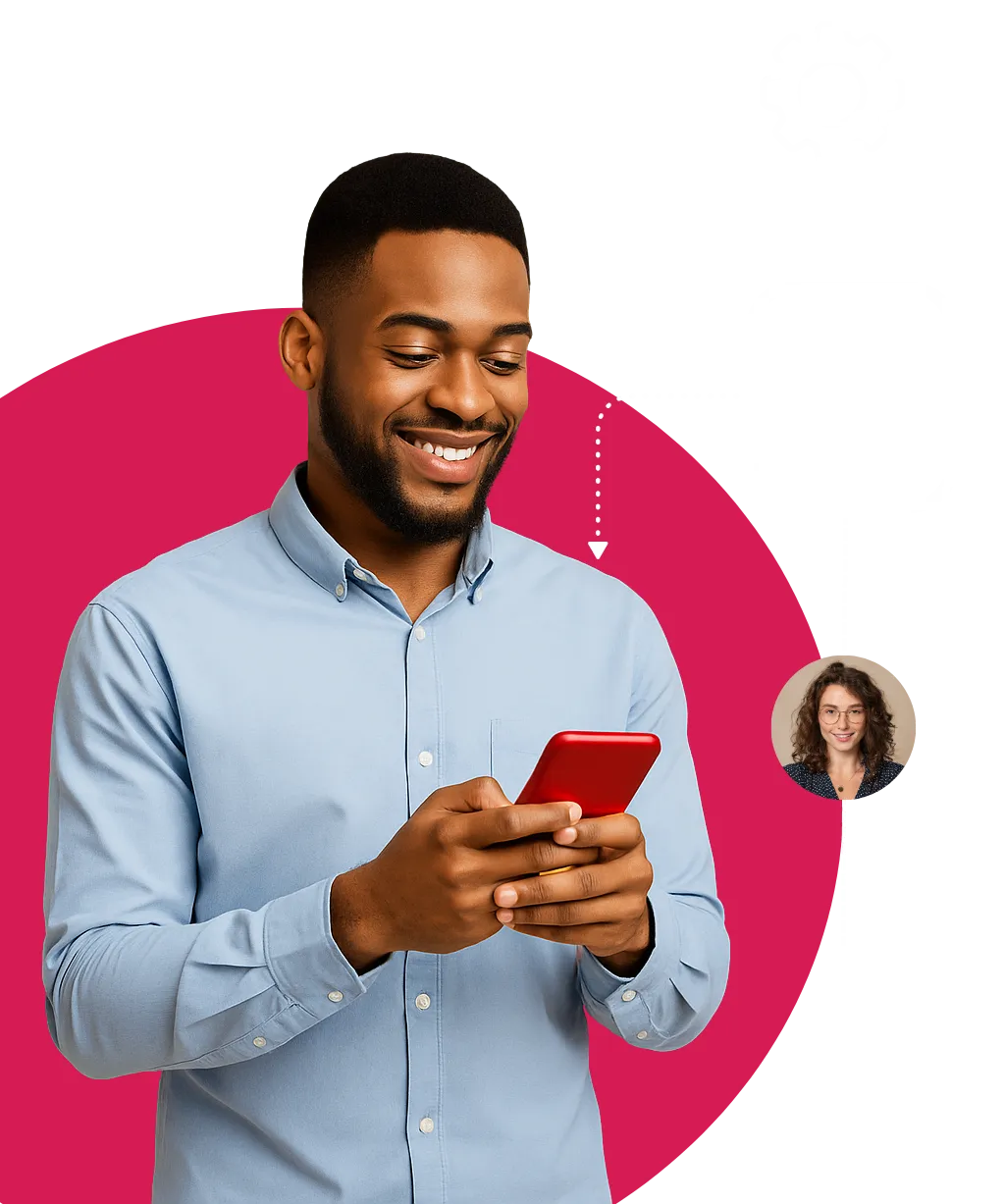 Young professional reviewing a digital CRM interface with workflow icons, automation symbols, and task completion indicators.