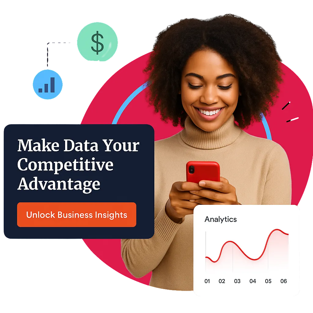 Young woman smiling at her phone with an analytics chart overlay showing performance trends and business metrics.