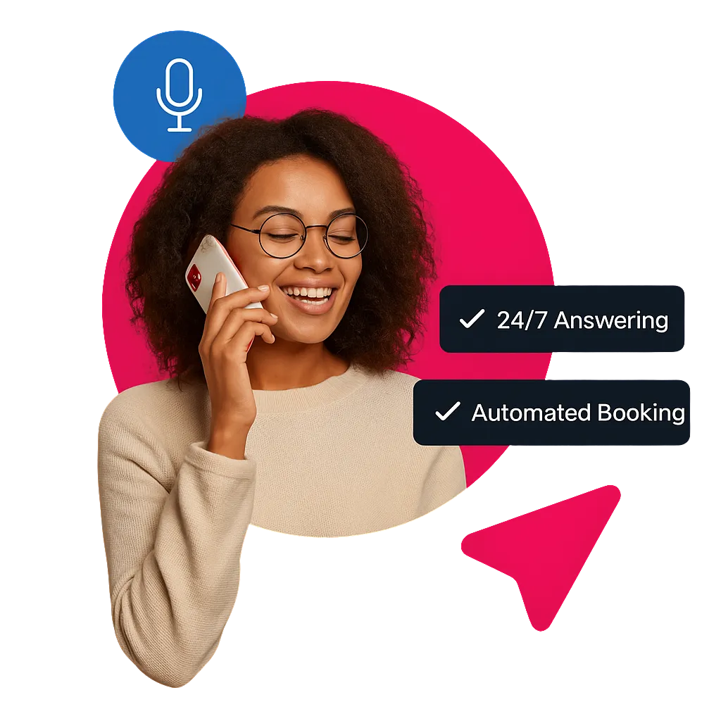 Customer service agent using a phone while a digital overlay displays AI call handling, appointment booking, and voice assistant features.