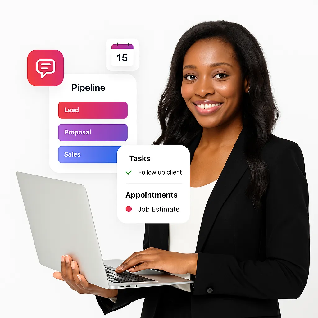 AI-powered CRM dashboard for service businesses showing unified communication, bookings, and workflow automation.”