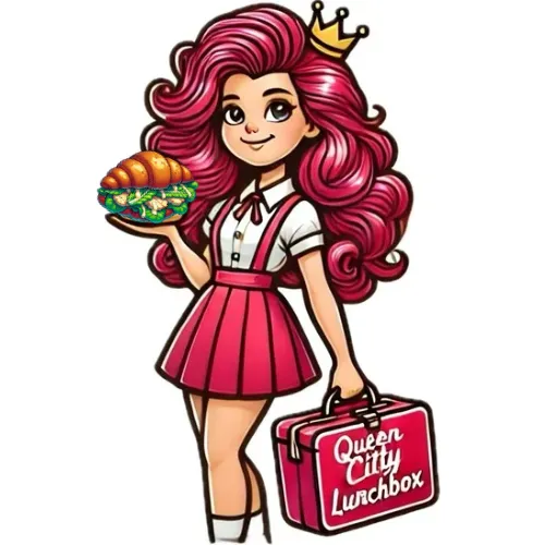 The Lunch Queen Holding a Chicken Caesar Croissant and a Lunchbox that says Queen City Lunchbo