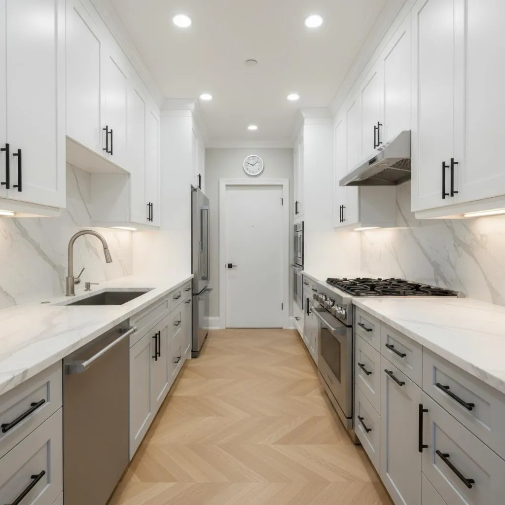 odern Manhattan galley kitchen remodel with white shaker cabinets, marble backsplash, wood herringbone floors, and high-end appliances by Home Design & Co.