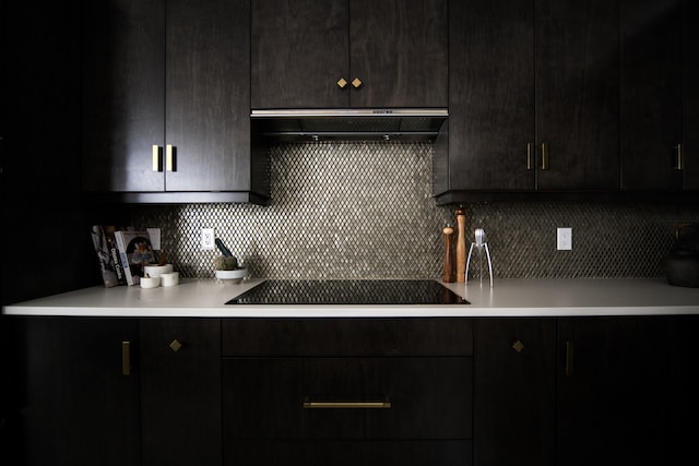 a kitchen with dark cabinets