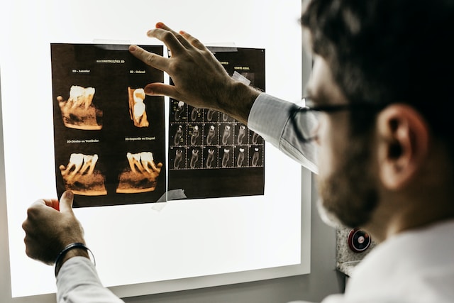 a person looking at an dental x-ray