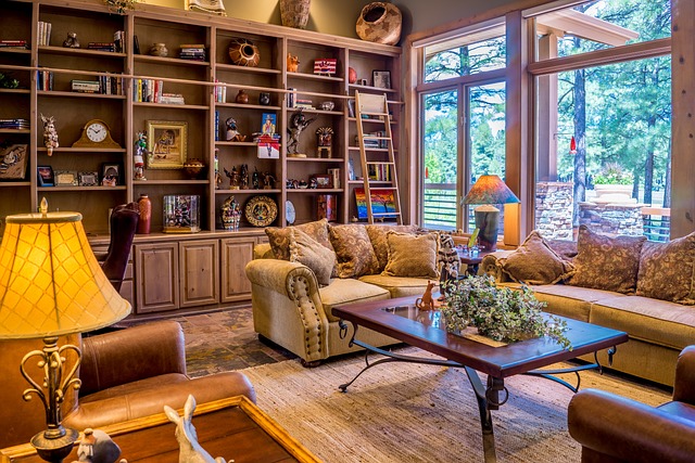 a living room with a bookcase and couches