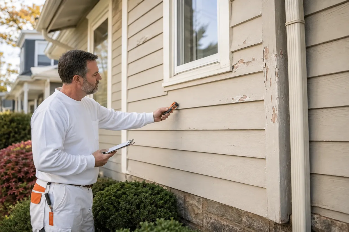 Professional painter inspecting weathered exterior siding and peeling trim in Pennsylvania