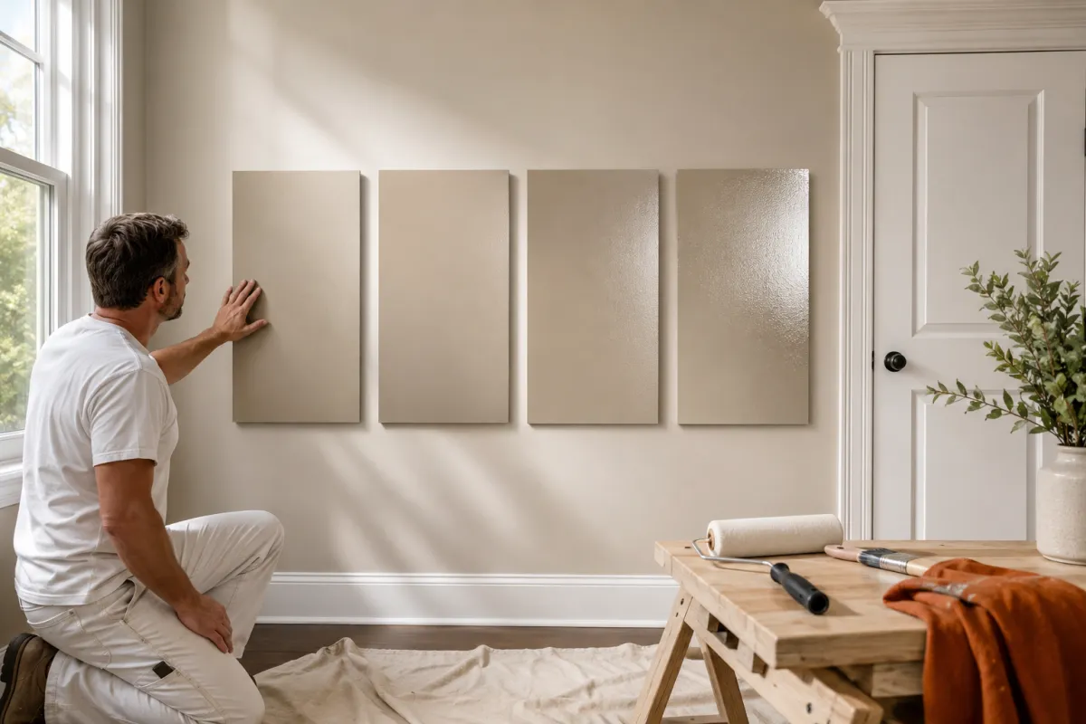 Professional comparing four interior paint samples with different sheen levels