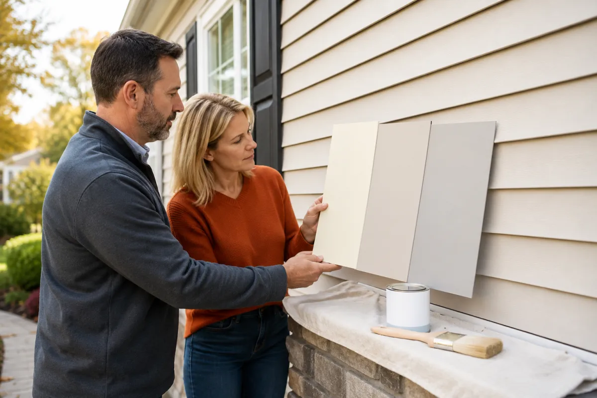 Homeowner comparing vinyl-safe exterior paint colors beside house siding
