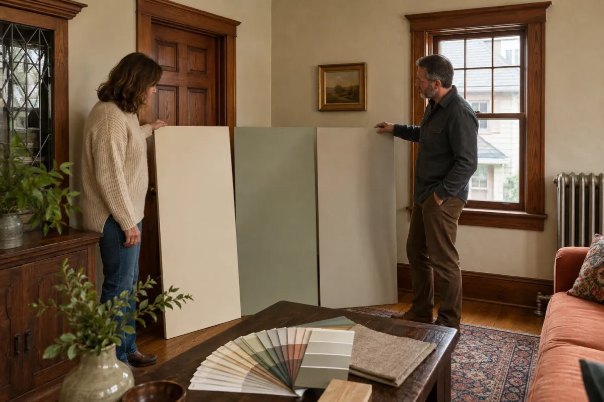 Homeowner comparing interior paint colors beside original wood trim in an older home
