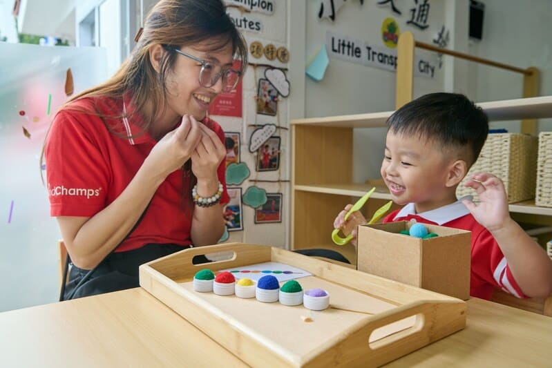 Preschool child confidently expressing and acting during an interactive performing arts session