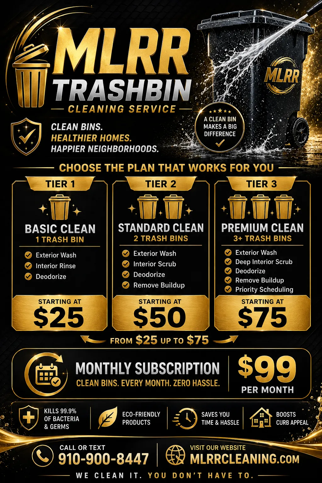 Sparkling clean trash bin with gold spotlight and water spray