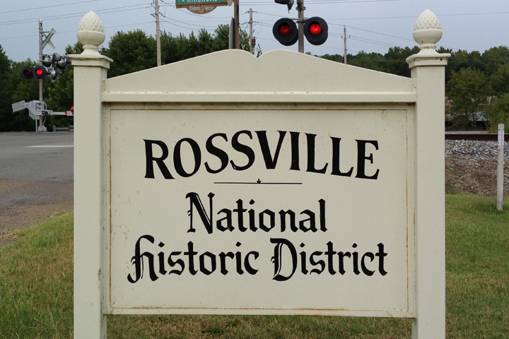 Rossville National Historic District sign near a railroad crossing in Rossville, Tennessee.