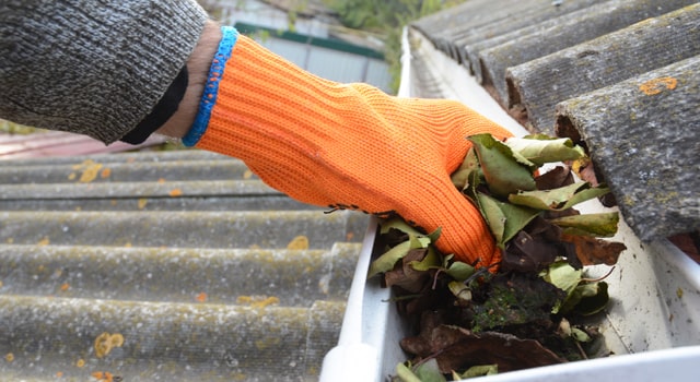 Person wearing orange gloves pulling leaves and debris from a residential gutter along a sloped roof.