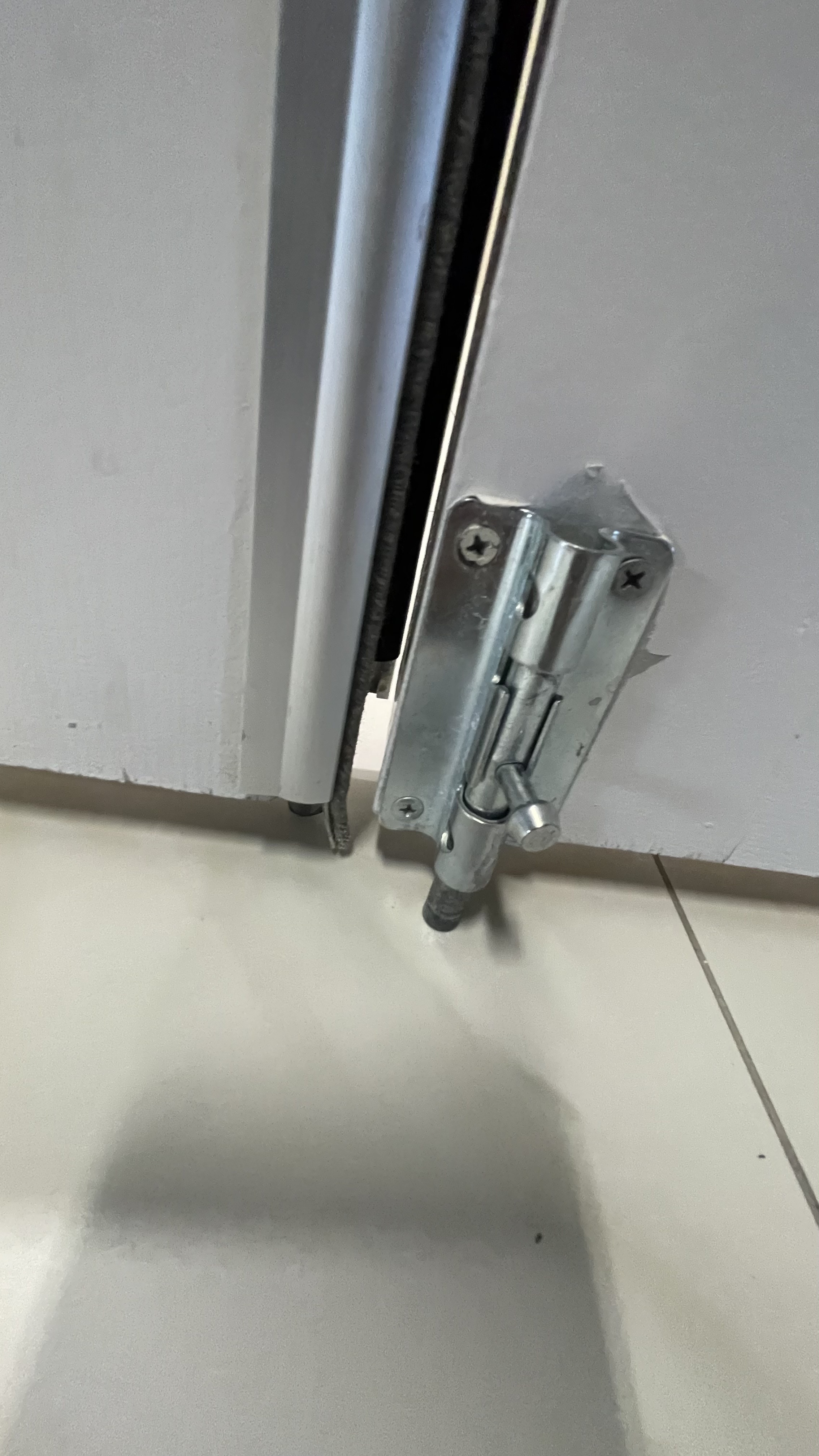 Close-up of a metal storm door latch and weather seal on a white door frame, showing the hardware and rubber strip for weatherproofing.