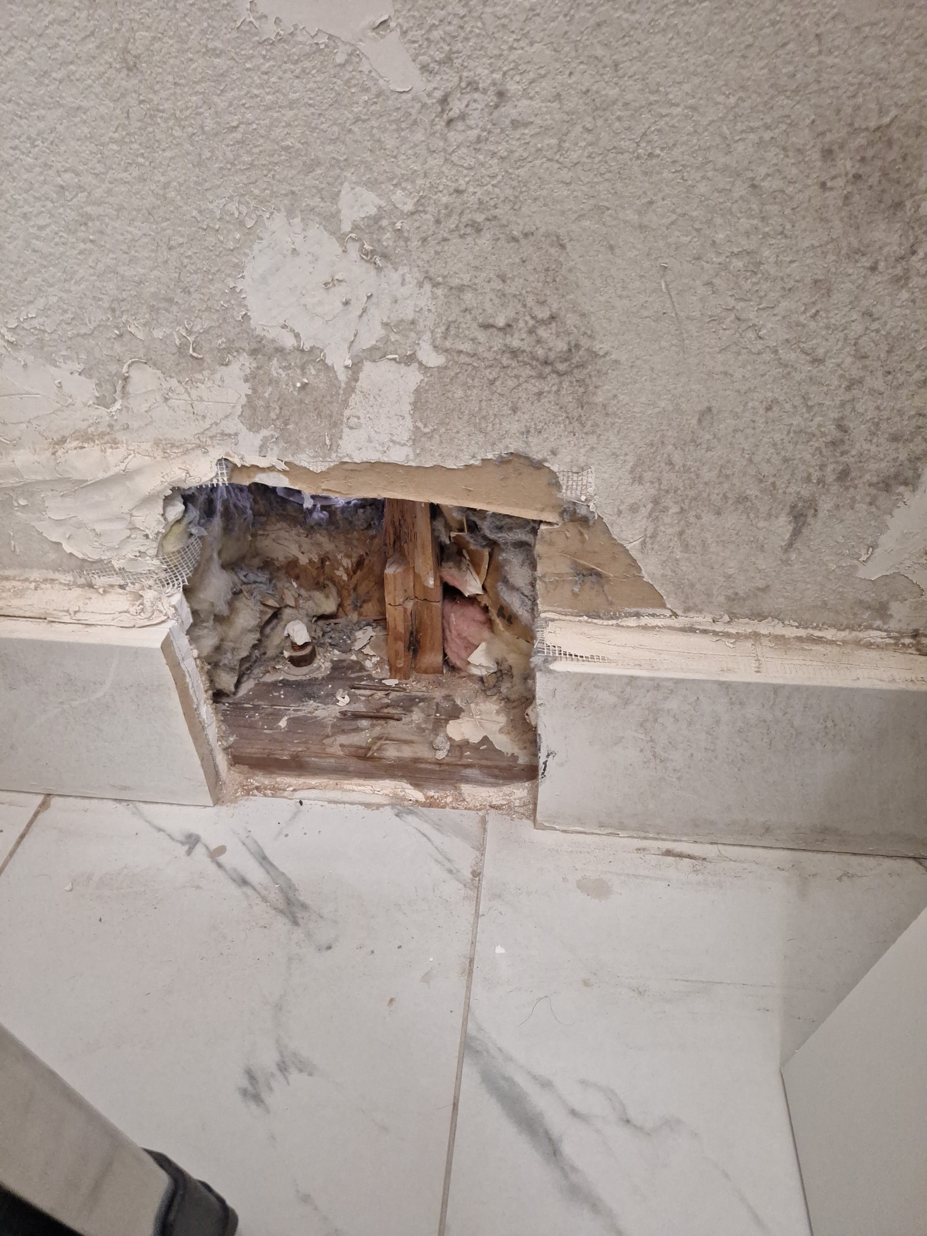 A damaged wall with a large hole exposing rotting wood, insulation, and damaged plaster, showing the need for professional repair work in Las Vegas.